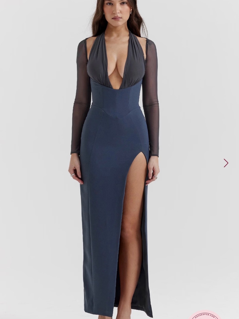 House of CB Charcoal and Navy Plunge High-Slit Maxi Dress